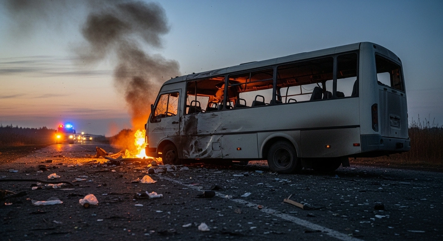 A damaged civilian minibus, its side crumpled and windows shattered, sits on a debris-strewn road with smoke billowing from its chassis, depicting the aftermath of a Ukrainian drone strike in Pogar, Bryansk region, Russia, which resulted in the driver's death and passenger injuries.
