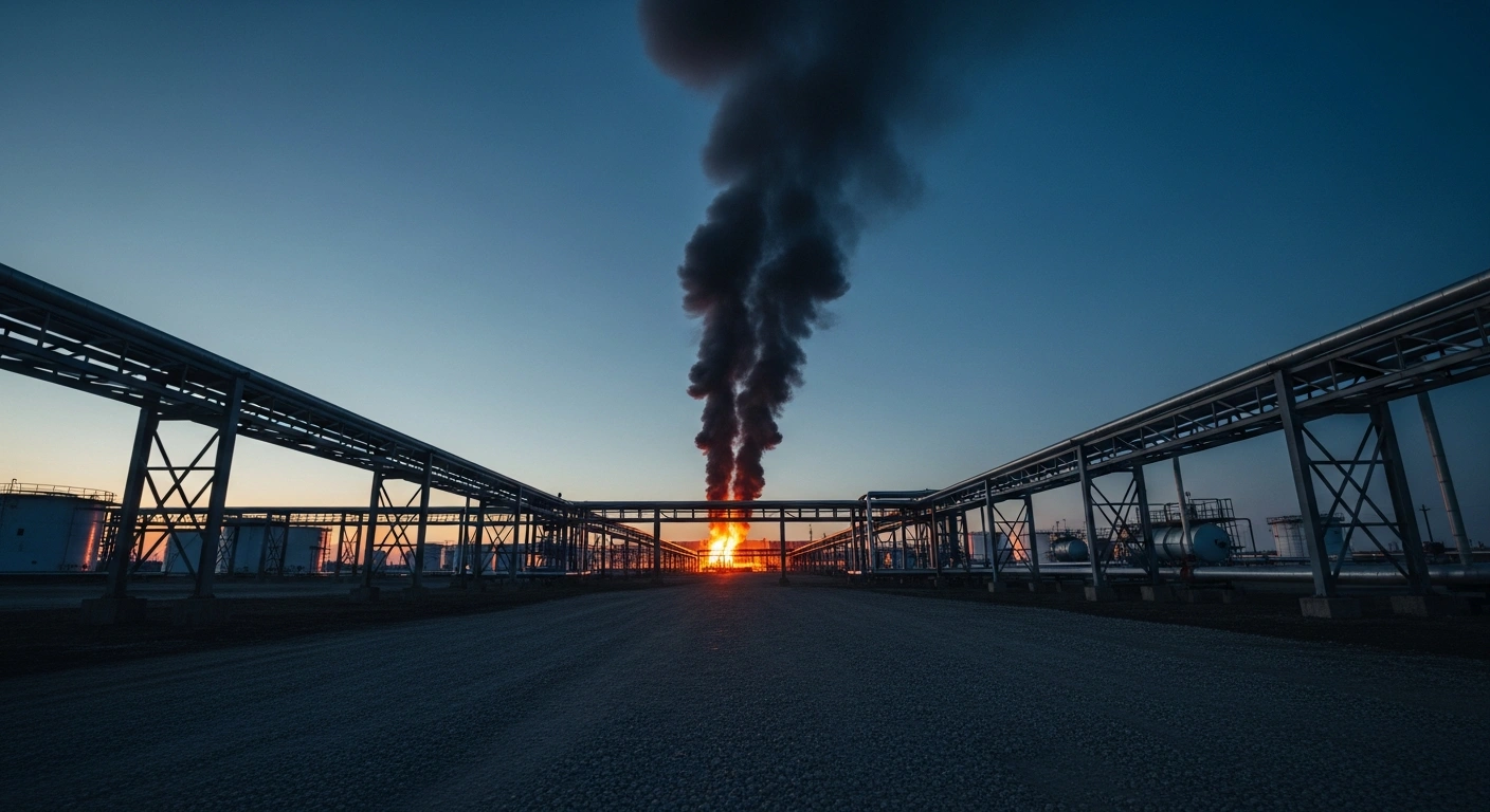 A large plume of smoke rises from the Armavir oil facility in Krasnodar Krai following a drone strike by Ukrainian forces.