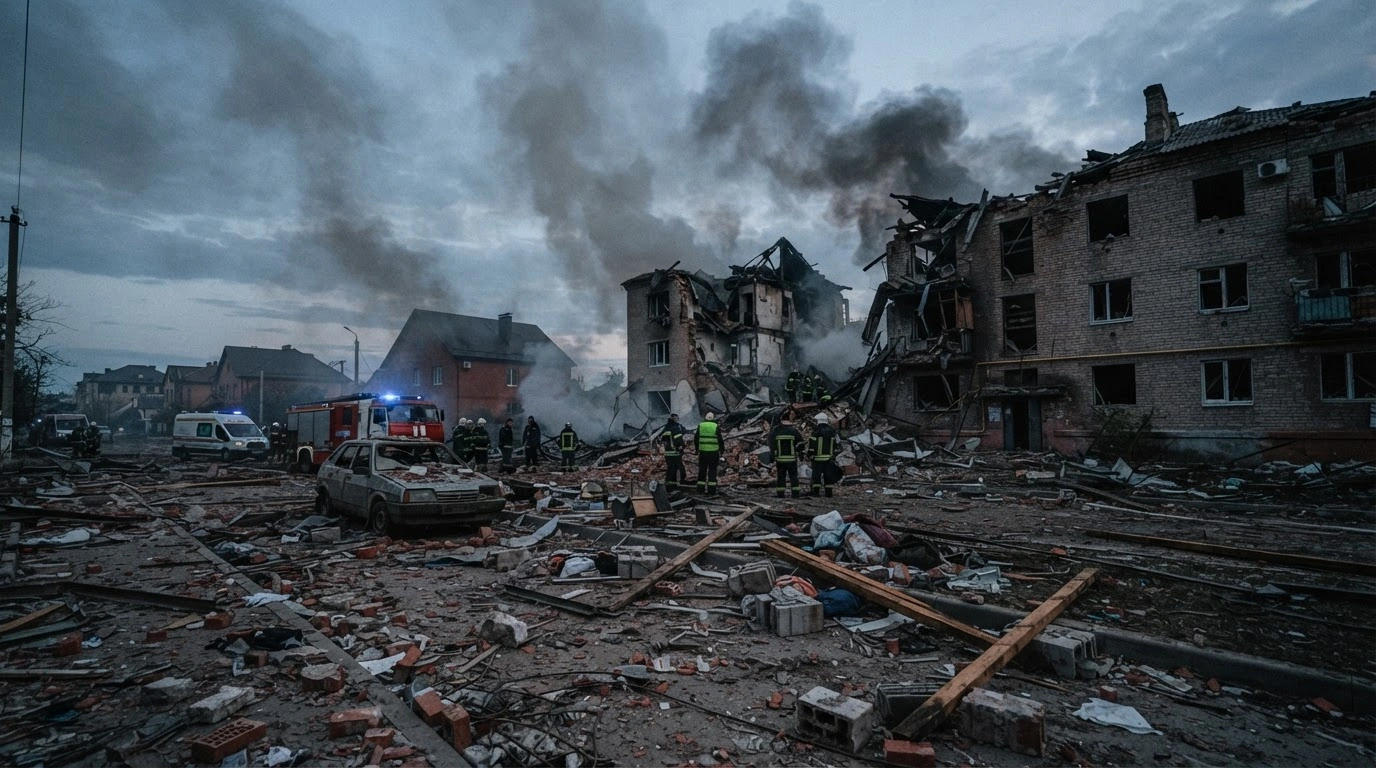 The aftermath of a Ukrainian drone strike shows damaged residential buildings and debris in the Belgorod region of Russia.