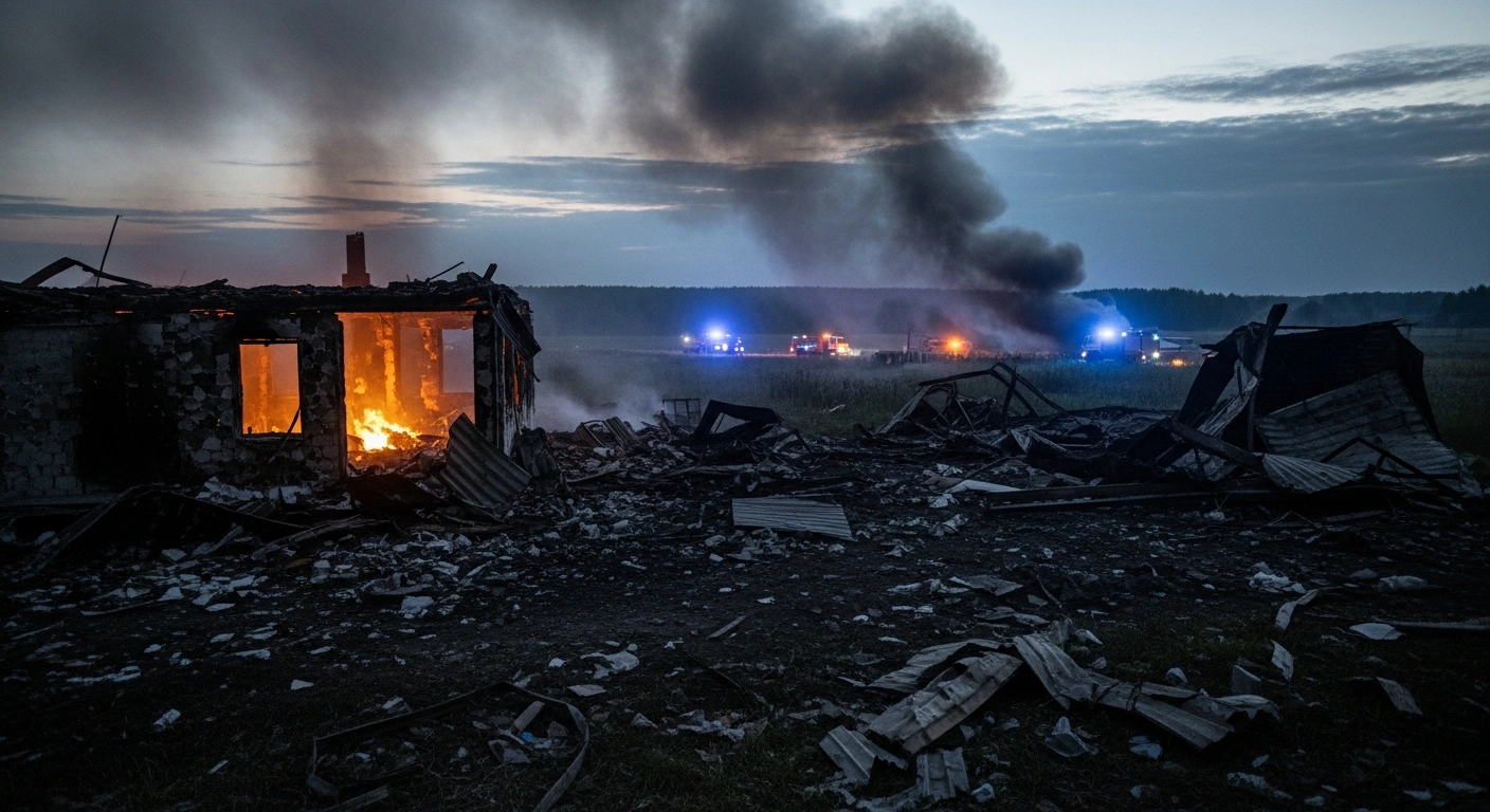 The aftermath of a Ukrainian drone strike shows damaged residential infrastructure in the village of Oktyabrsky in Russia's Belgorod region.