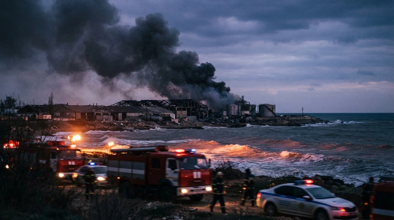 Smoke rises from a damaged industrial site in Crimea following a Ukrainian drone attack as emergency vehicles respond to the scene.
