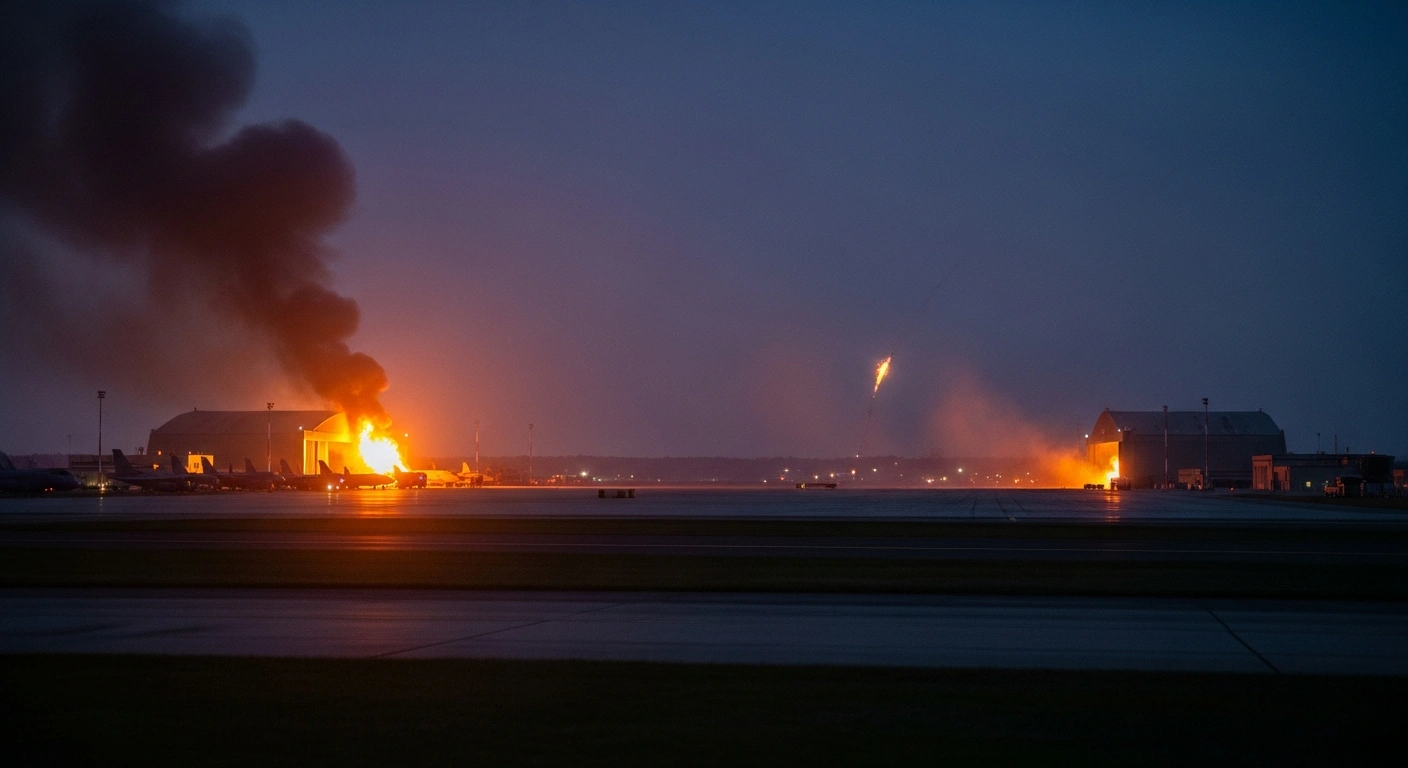 A night view of a military air base in Saratov Oblast showing fire and smoke rising from a facility following a drone attack.