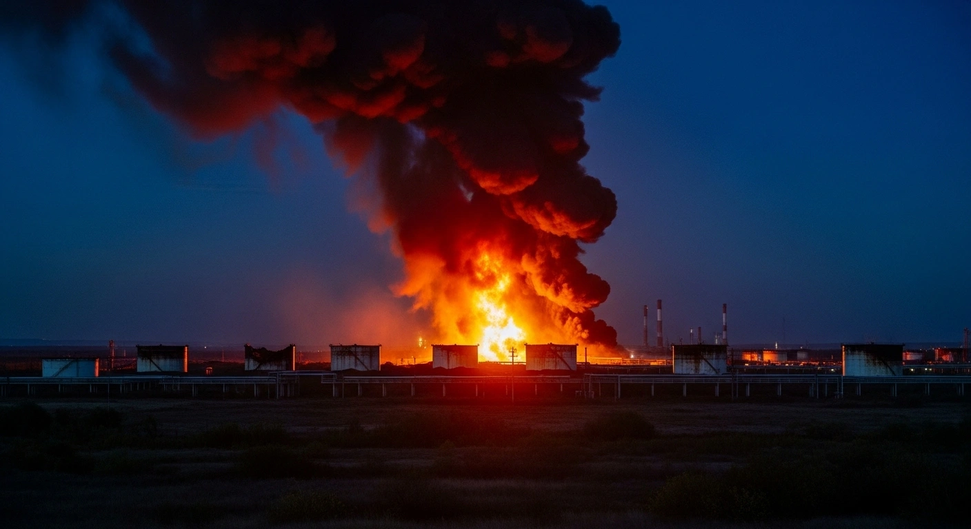 A massive fire engulfs a ruptured oil storage tank at the Feodosia oil terminal in Russian-occupied Crimea following an overnight Ukrainian drone attack.