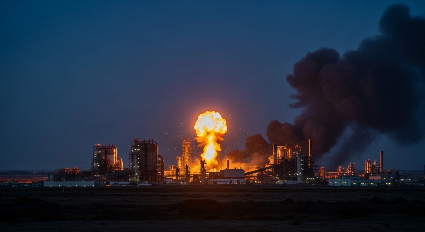 A large industrial facility in Izhevsk is engulfed in flames and smoke following a long-range drone strike by Ukrainian forces.