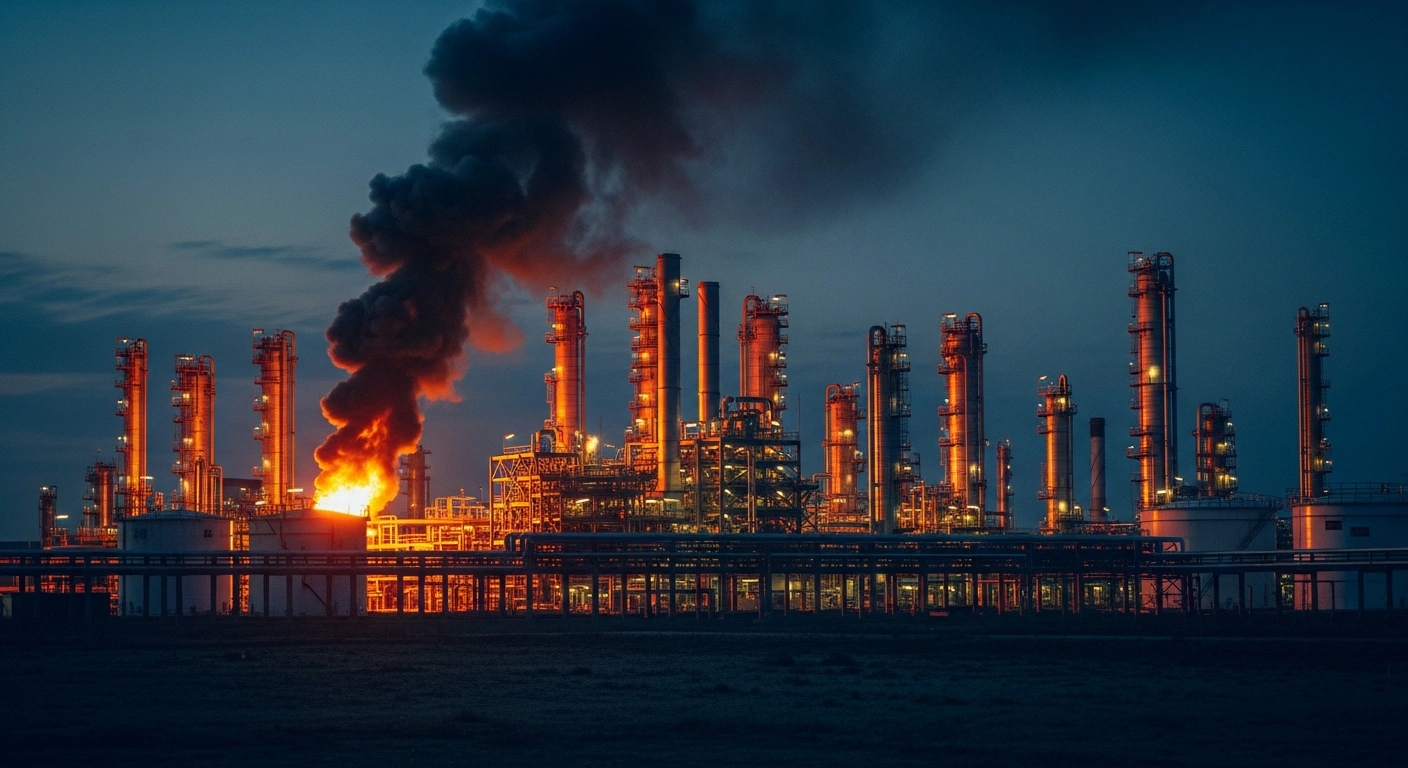 A large oil refinery in Kstovo, Russia, is engulfed in flames and smoke following a long-range drone strike on its energy infrastructure.