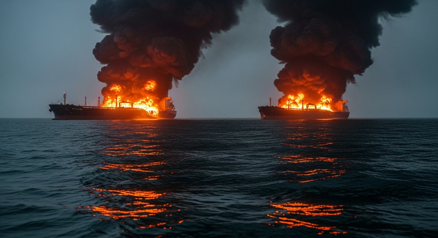 Two oil tankers are burning in the Sea of Azov after being struck by Ukrainian drones during a military operation.