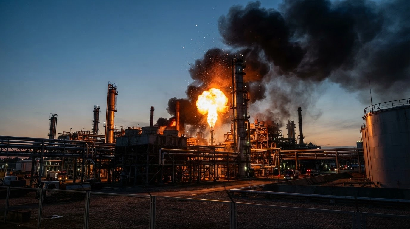 A large fire burns at the Slavneft-YANOS oil refinery in Russia following a long-range drone strike by Ukrainian forces.