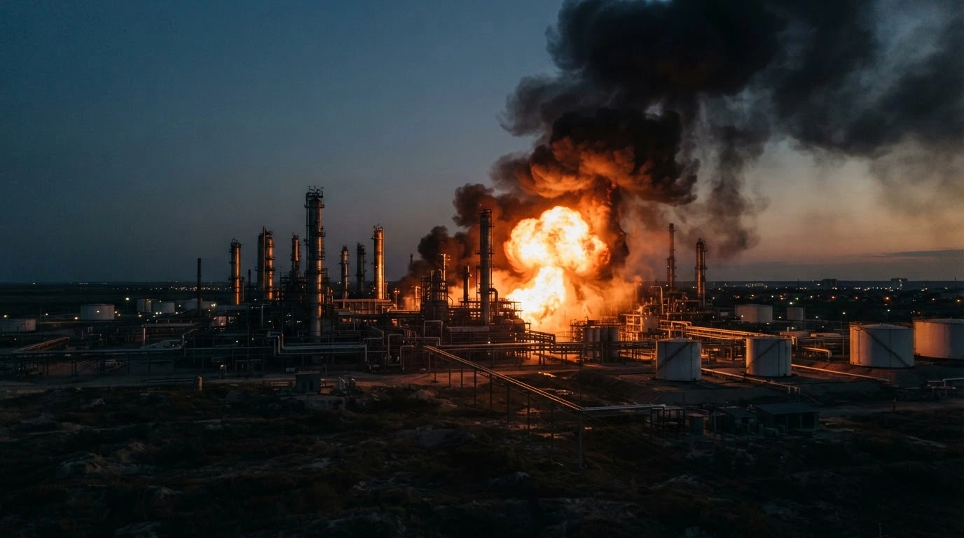A large fire burns at the Novokuibyshevsk Oil Refinery in Russia following a long-range drone strike on the energy infrastructure.