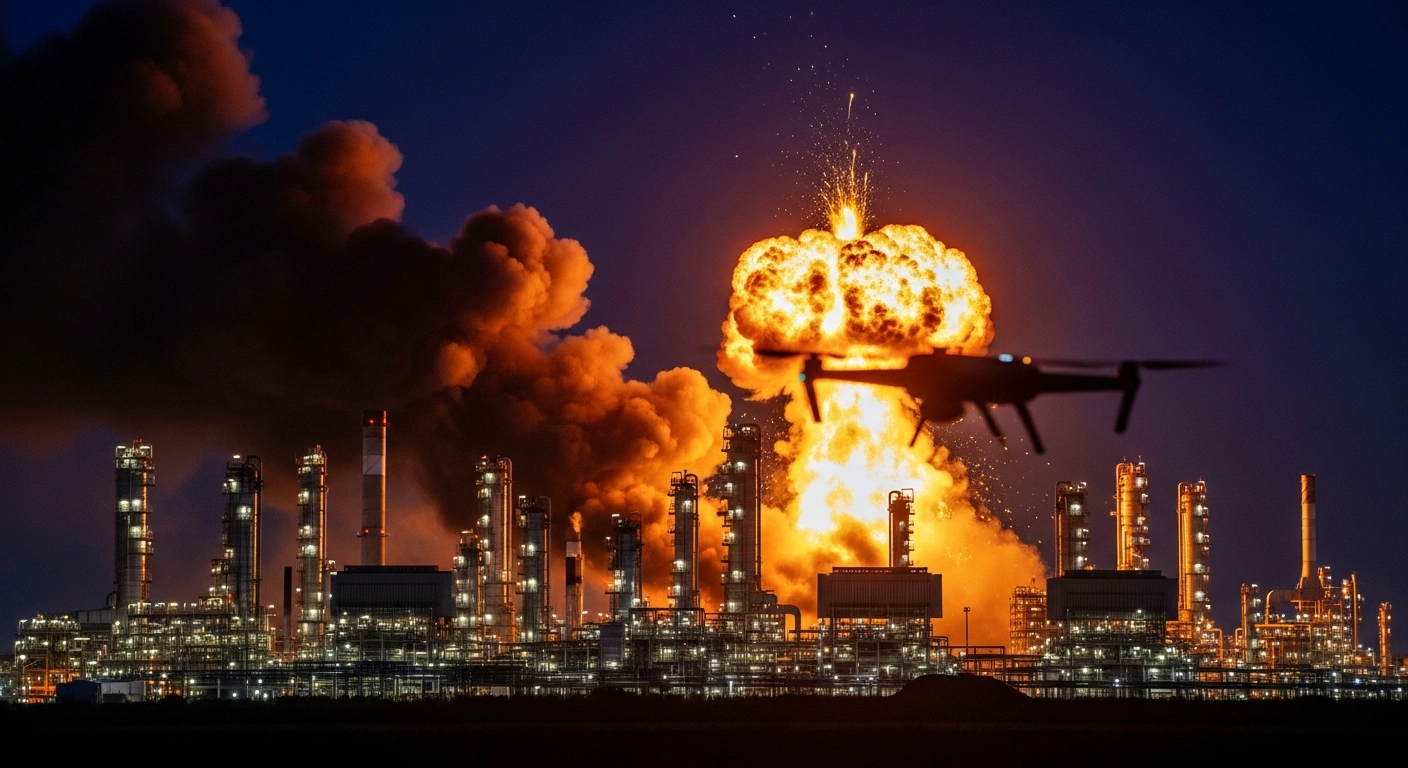 A long-range drone strike hits the Gazprom Neftekhim Salavat oil refinery in Russia, causing a large explosion and fire at night.