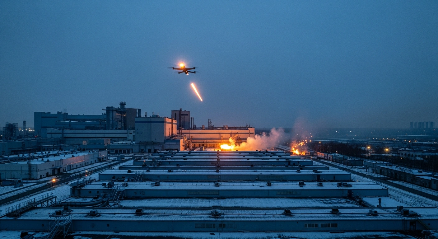 A drone strike hits an aircraft manufacturing plant in Ulyanovsk, Russia, causing smoke and fire at the military facility.
