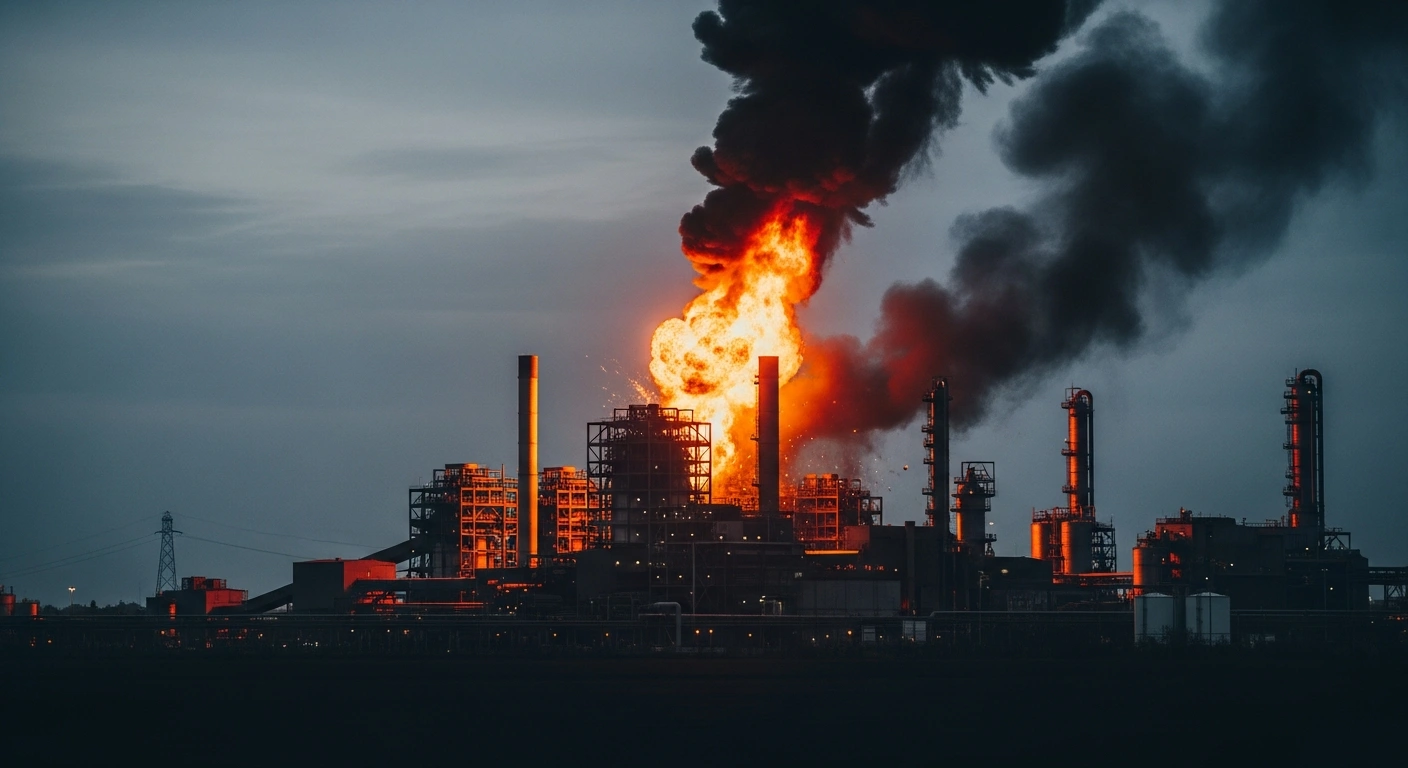 A large industrial facility in the Volgograd region sustains damage from a Ukrainian drone strike, resulting in a fire and smoke rising into the sky.