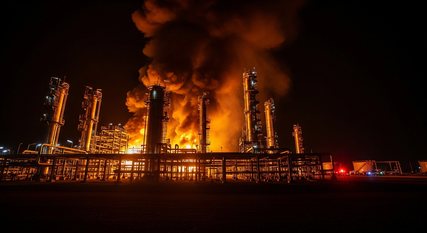 A large fire burns at a Russian oil pumping facility in Volgograd Oblast following a drone strike by Ukrainian forces.