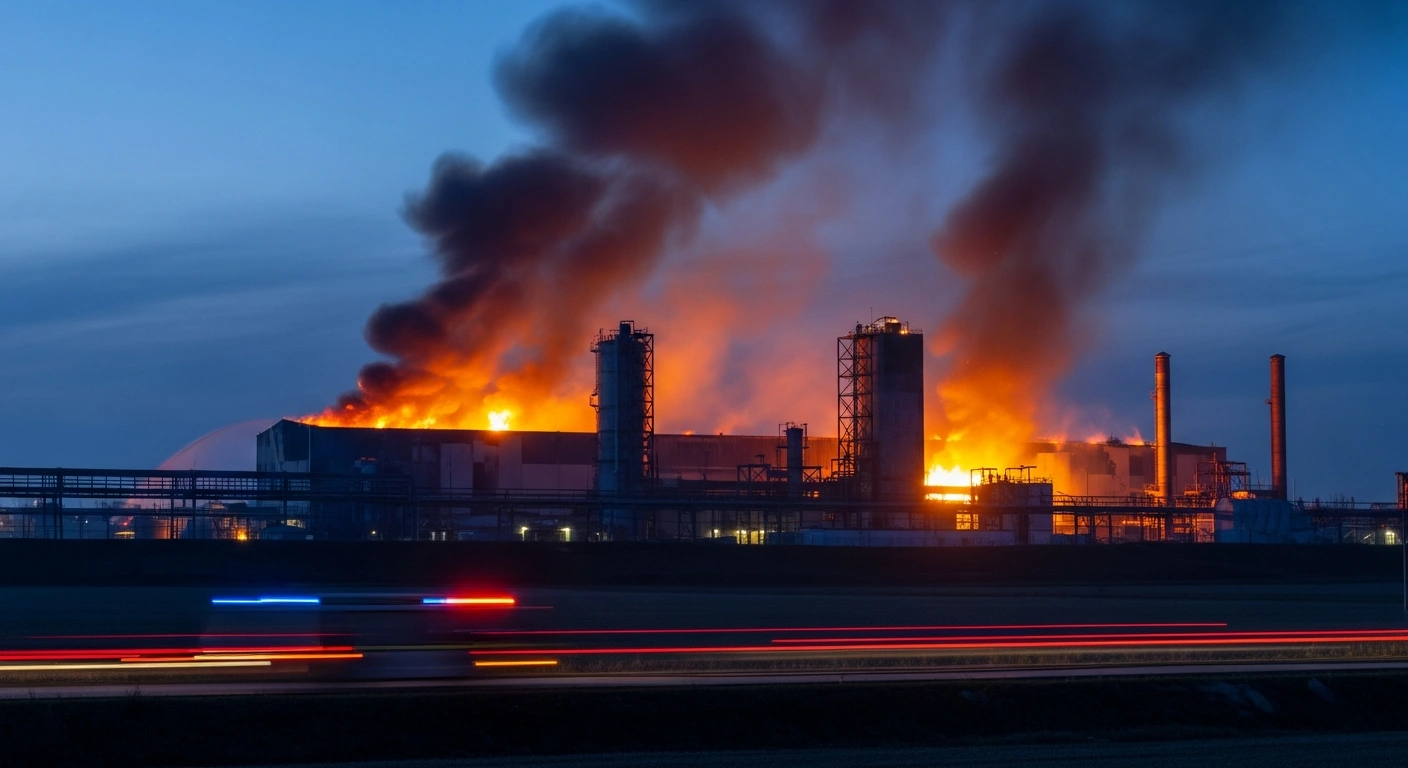 A large Russian warehouse facility is engulfed in flames and smoke following a targeted strike by Ukrainian long-range drones.