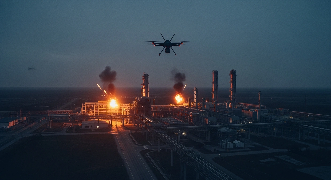 A military drone flies over a burning industrial facility in the Penza region following a successful strike by Ukrainian forces.