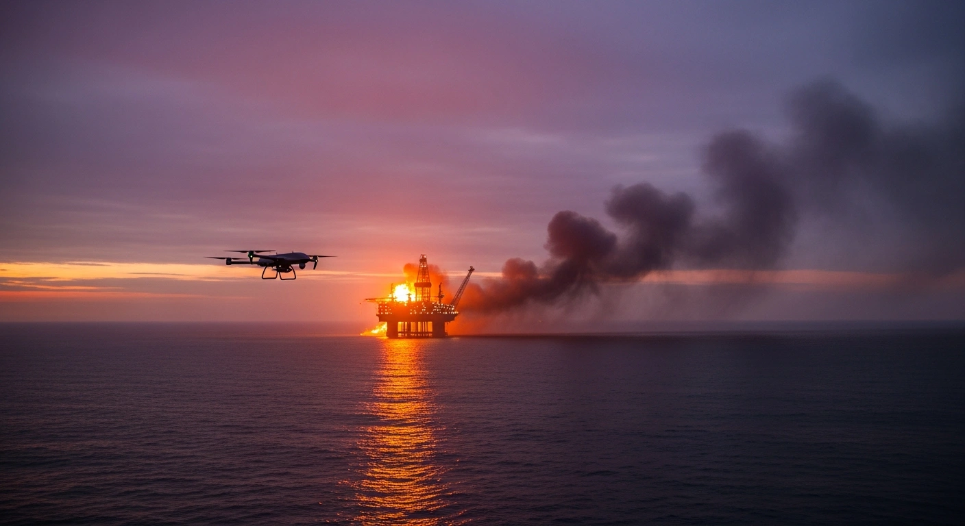 A wide, cinematic view at pre-dawn shows a massive offshore Russian Lukoil drilling platform engulfed in a furious blaze on the dark expanse of the Caspian Sea, with a sleek drone hovering silently in the foreground, depicting the aftermath of Ukrainian Special Operations Forces drone strikes on January 11, 2026, targeting platforms used to supply fuel to Russian forces.