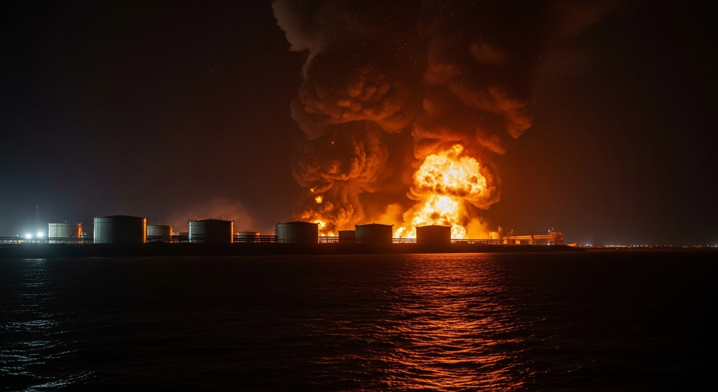 Large oil storage tanks are burning at a port facility in Crimea following a coordinated drone strike on critical infrastructure.