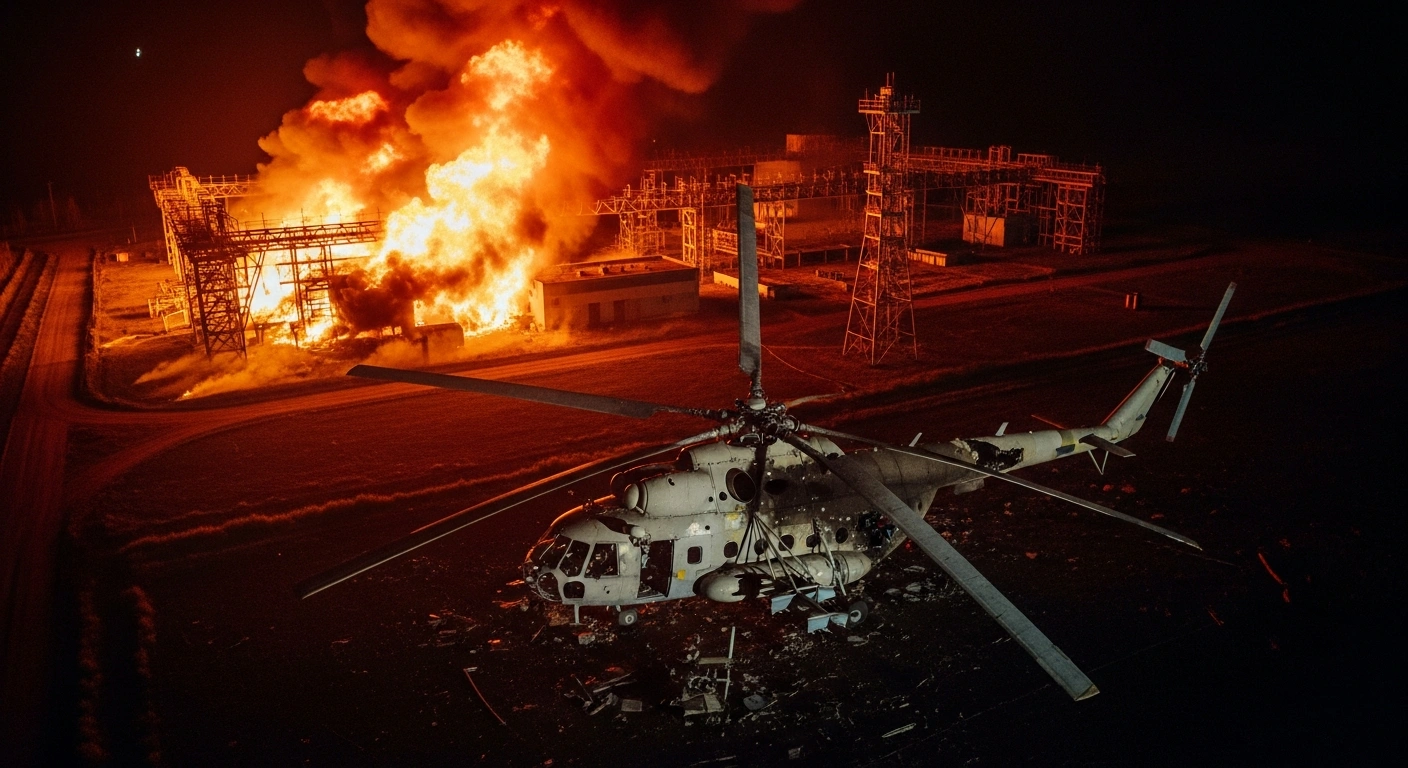 A high-angle, night-time view from a Ukrainian drone shows a Russian energy facility ablaze with intense flames, while the wreckage of a downed Russian Mi-8 helicopter lies scattered in the foreground.
