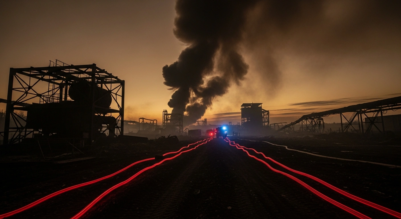 Emergency responders assess the damage to industrial infrastructure in a Russian region following a series of Ukrainian drone strikes.