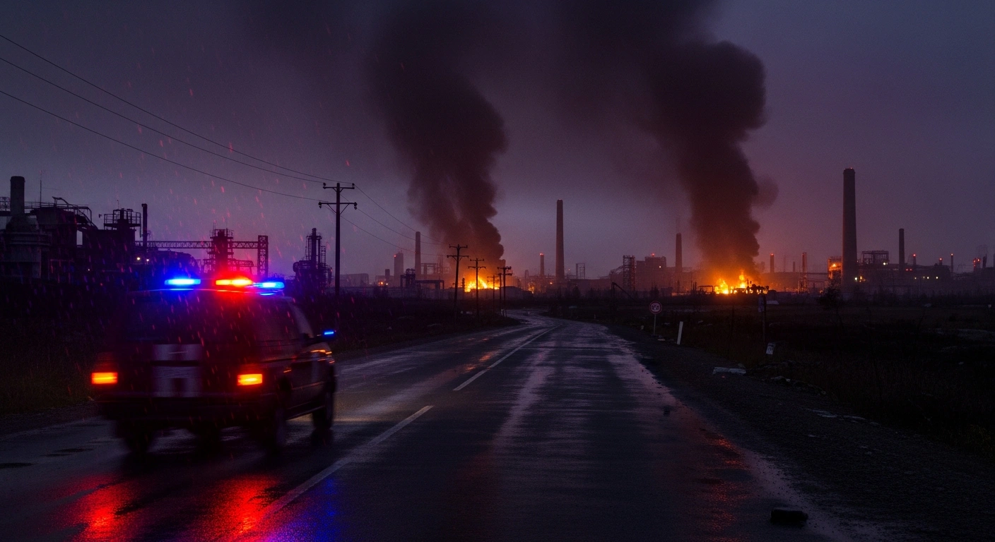 Emergency vehicles respond to the aftermath of a Ukrainian drone strike in a Russian region as smoke rises into the evening sky.