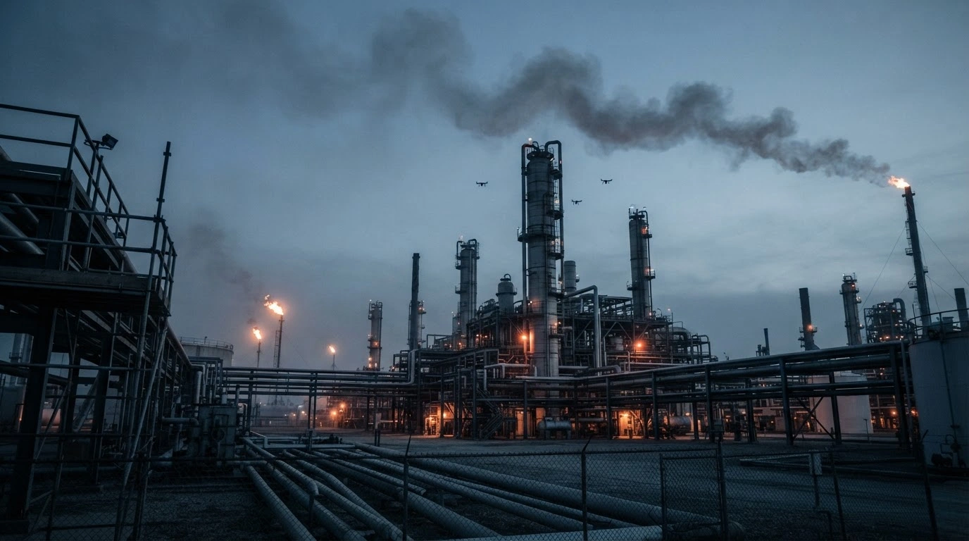A wide view of a Russian oil refinery at dusk with silhouettes of drones flying above the industrial facility.