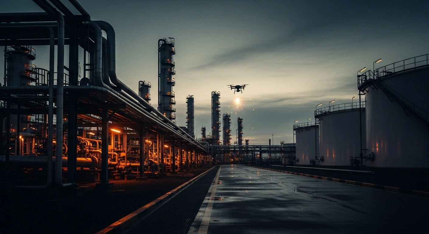 A drone strike hits a large Russian oil refinery, causing smoke and fire to rise from the industrial infrastructure.