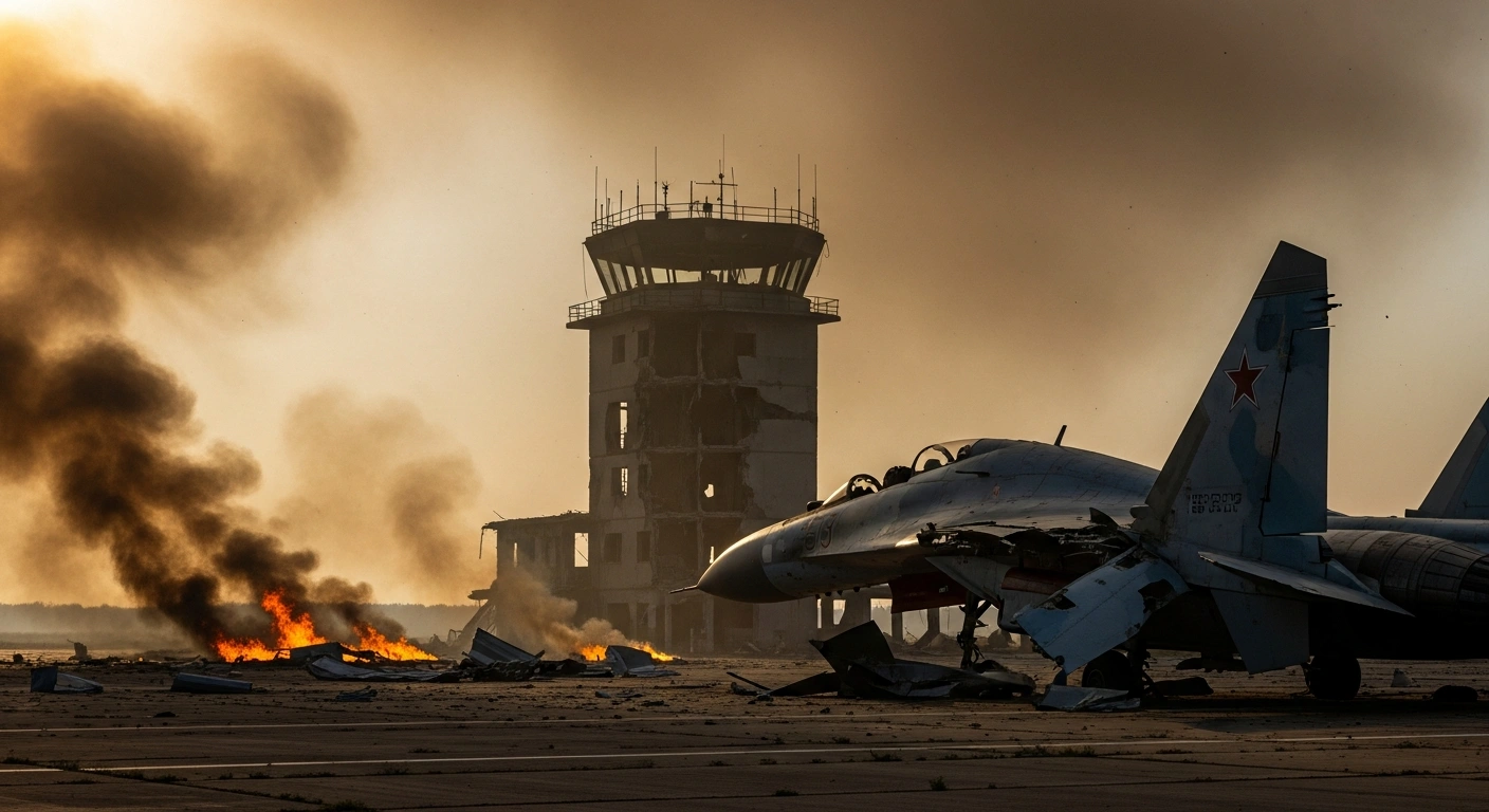 A wide, low-angle view at dawn shows the smoldering wreckage of a Russian Su-27 fighter jet and a partially collapsed control tower on the tarmac of the Belbek military airfield in Russian-occupied Crimea, following a Ukrainian long-range drone strike.