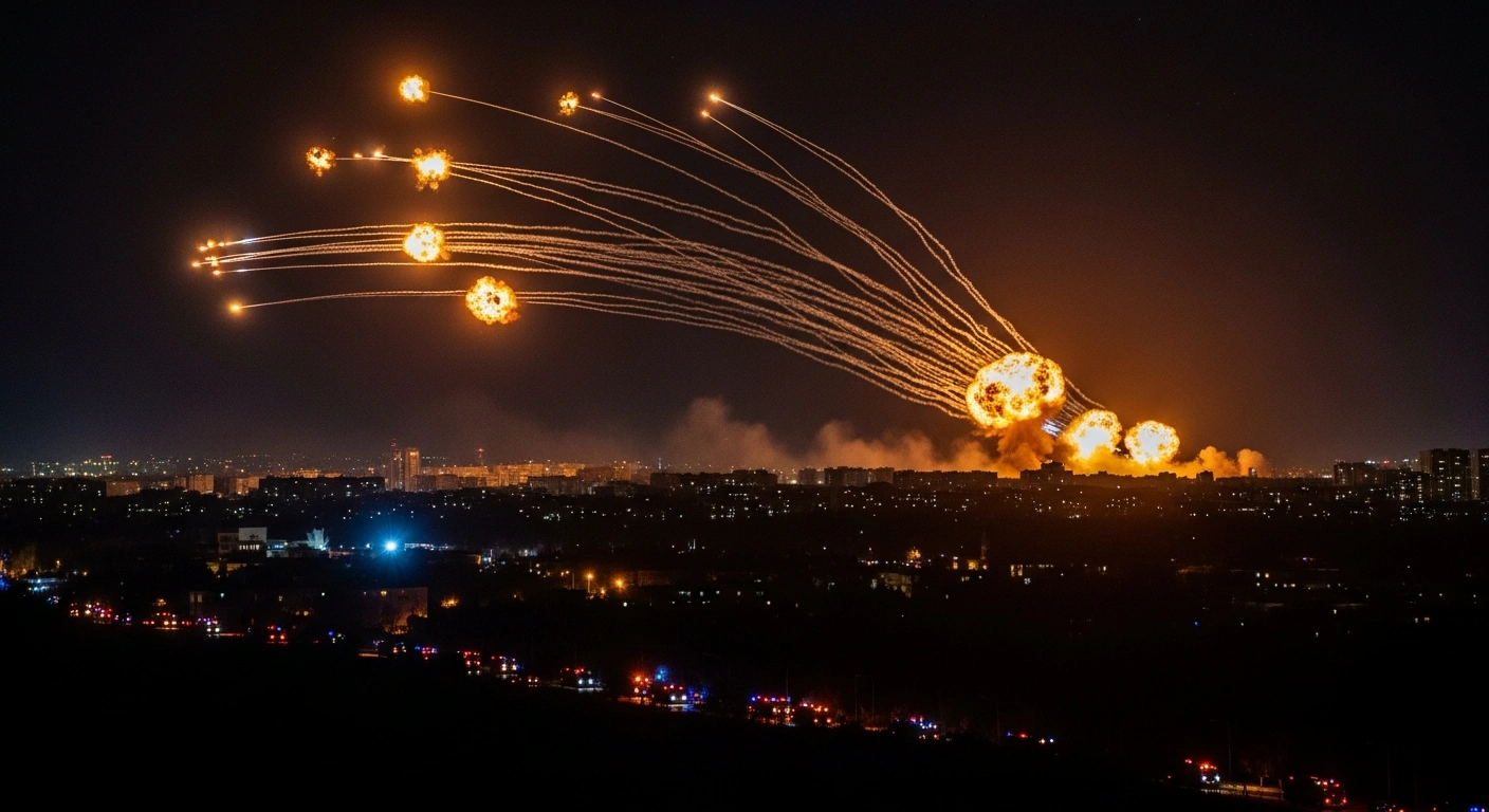 A dramatic night scene showing multiple Ukrainian drones being intercepted and destroyed by anti-aircraft fire over Russian regions, with a partially darkened city skyline below indicating power outages and emergency responses.