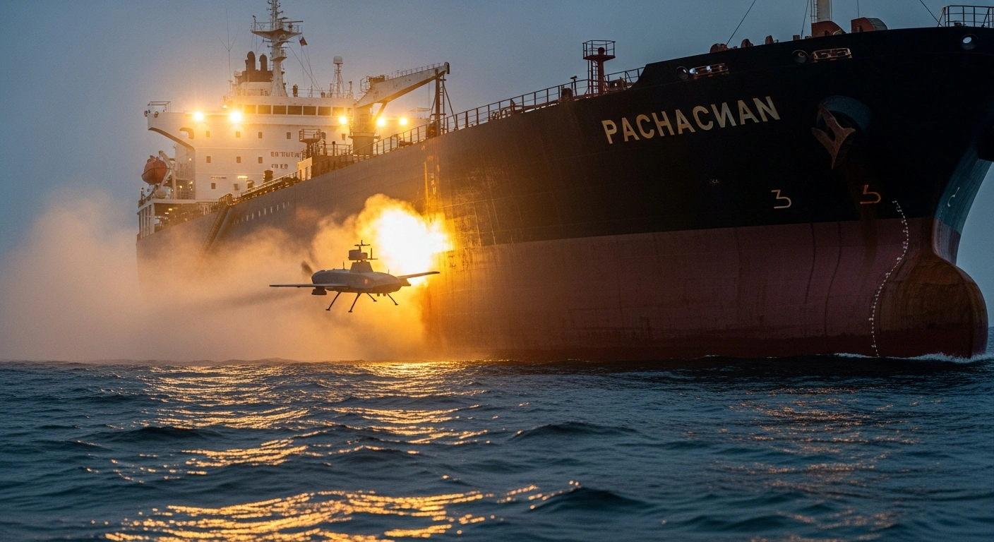 A Ukrainian Sea Baby naval drone strikes a large Russian oil tanker in the dark, turbulent waters of the Black Sea, causing an explosion and significant damage to the vessel.