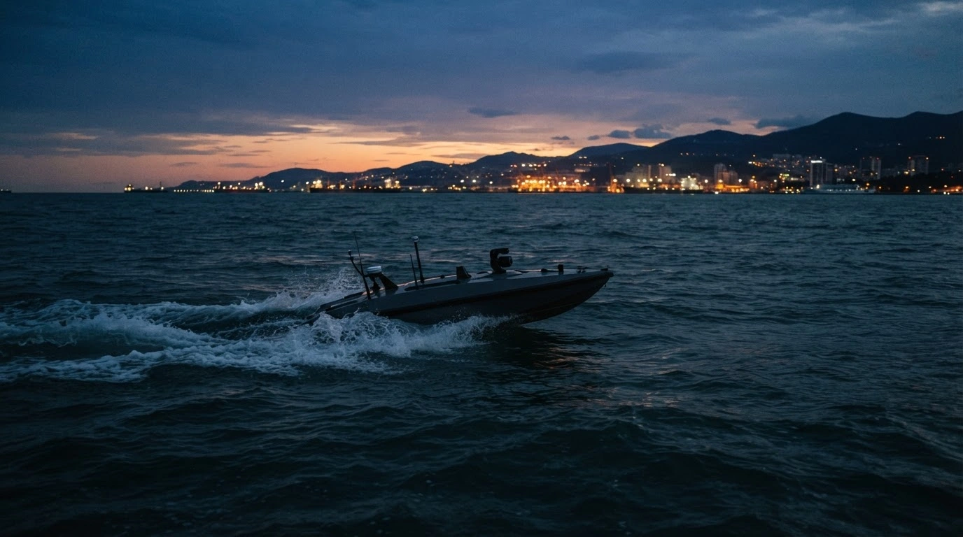 A Ukrainian maritime drone navigates the dark waters of the Black Sea toward the coastal infrastructure of Sochi.