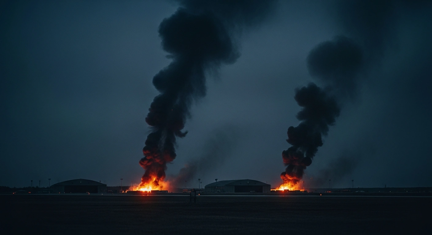 A smoldering Russian military airbase is shown at twilight following a precision strike by Ukrainian Storm Shadow cruise missiles.