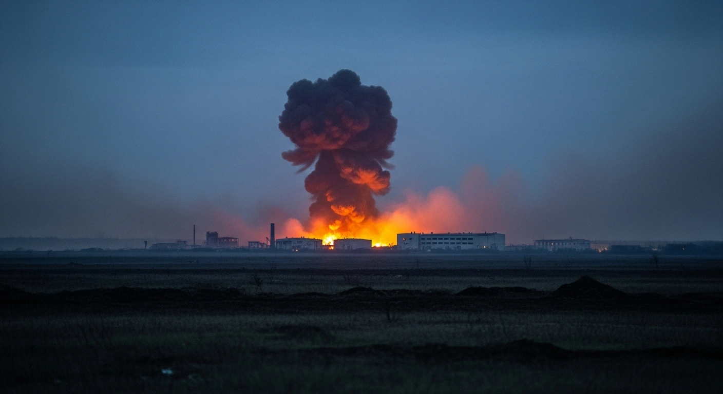 A plume of smoke rises from destroyed Russian logistics warehouses and a radar station in the Kherson region following a Ukrainian military strike.