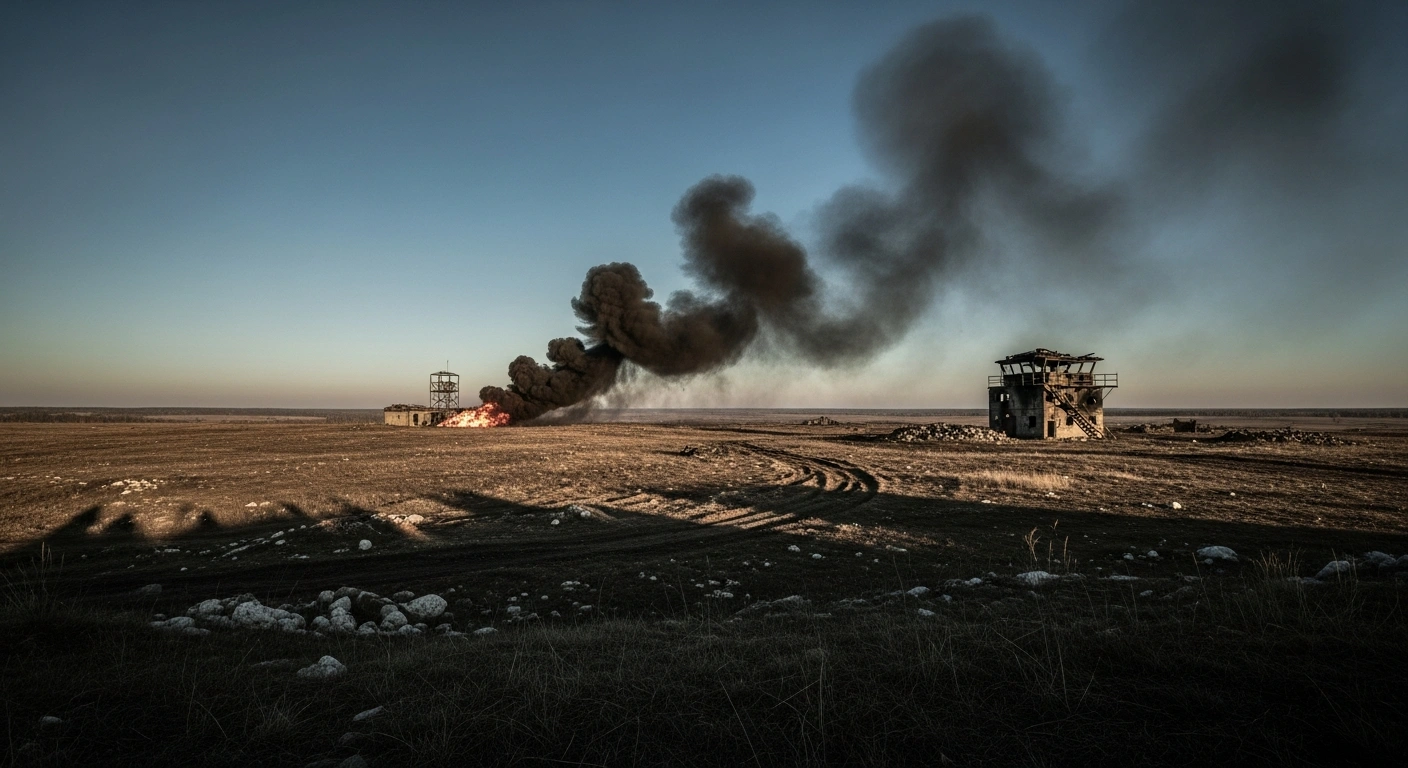 A destroyed Russian drone control station smolders in the Kursk region following a targeted strike by Ukrainian military forces.