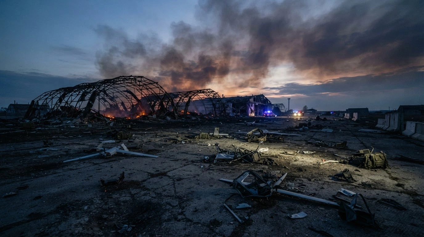 The smoldering ruins of a Russian drone base in the Oryol region show destroyed hangars and damaged unmanned aerial vehicles following a targeted strike.