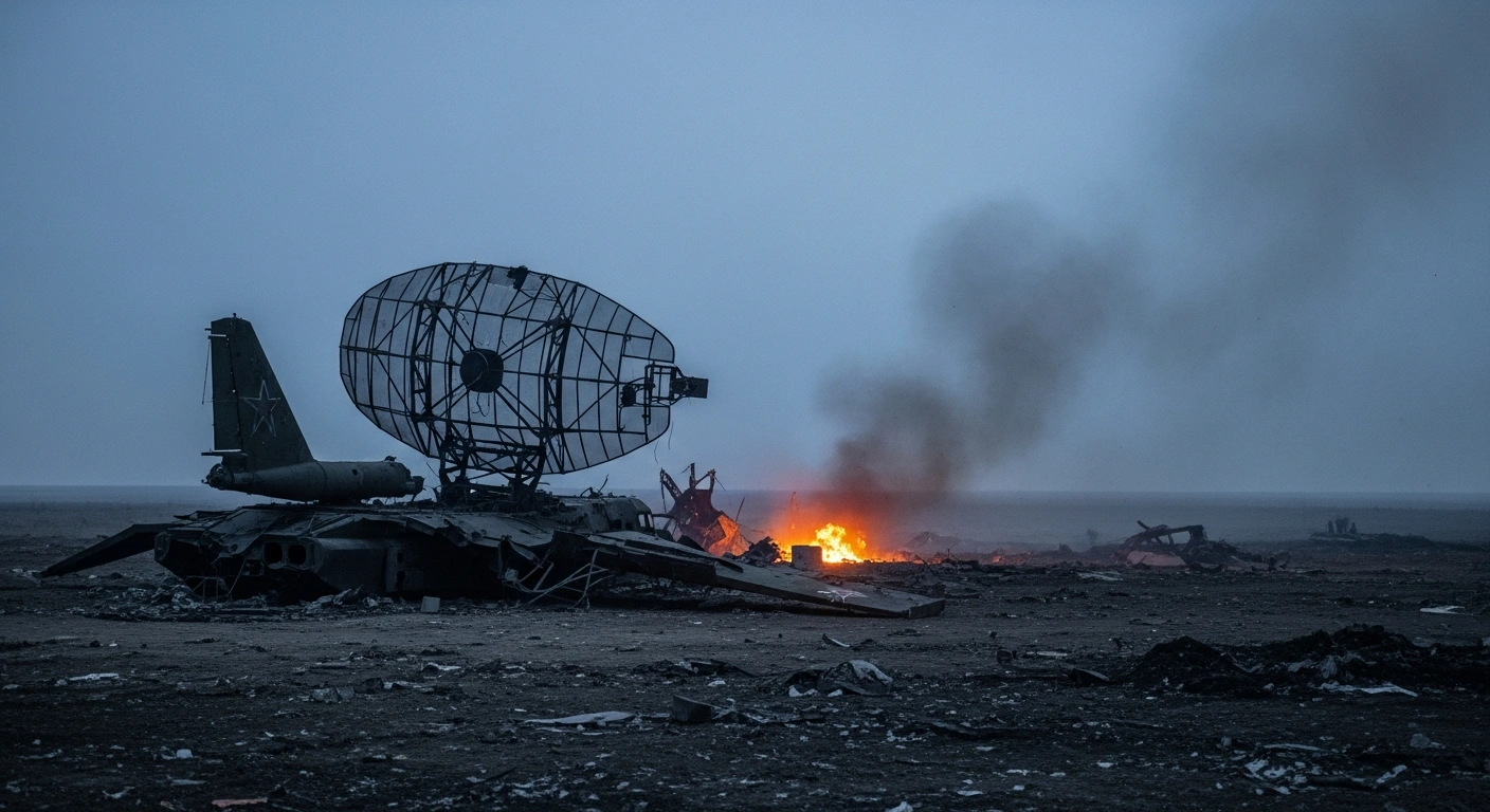 A wide shot depicts the smoldering, destroyed remains of a Russian S-350 Vityaz radar system in a desolate, war-torn landscape, indicating a successful strike by Ukrainian Unmanned Systems Forces in the Donetsk or Zaporizhzhia regions.