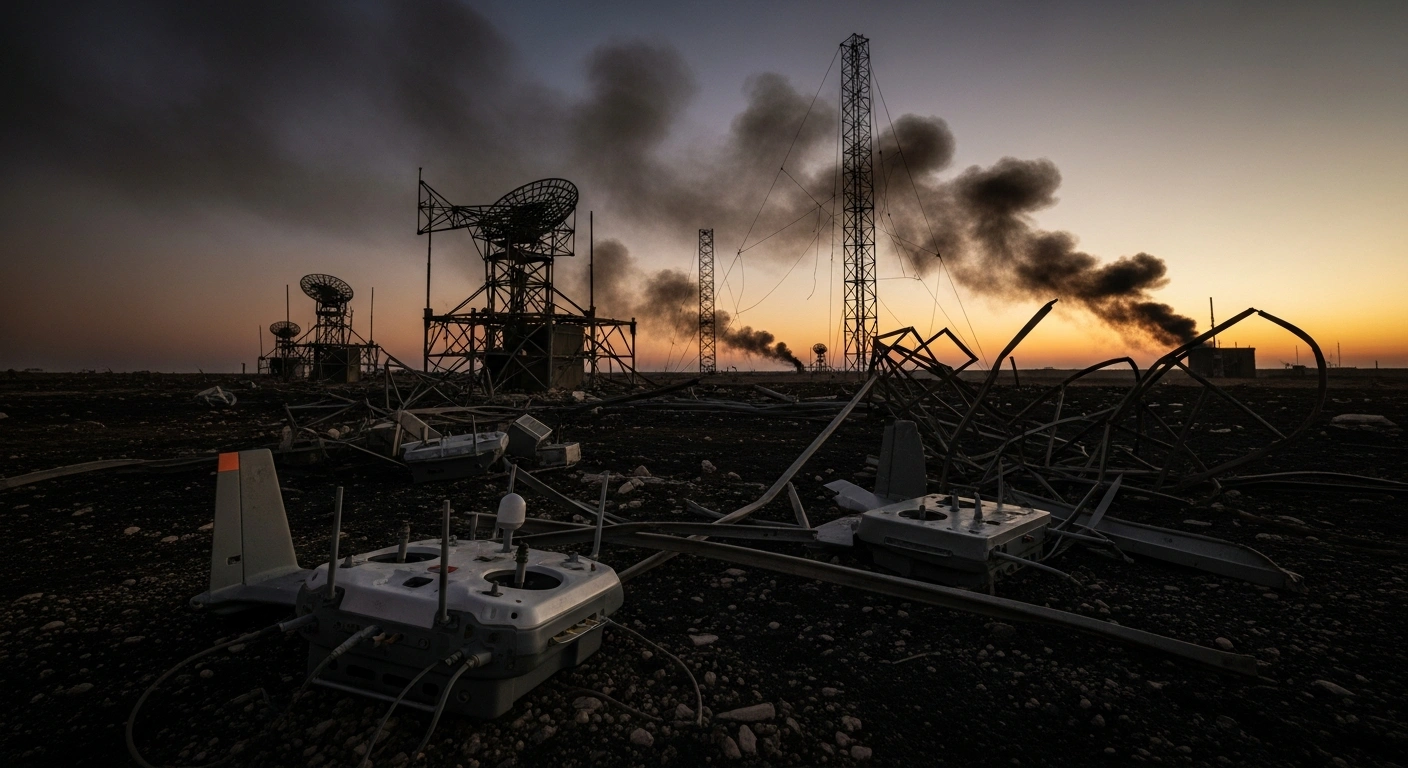 A destroyed Russian military command post and communication relay station in occupied territory after a targeted Ukrainian strike.