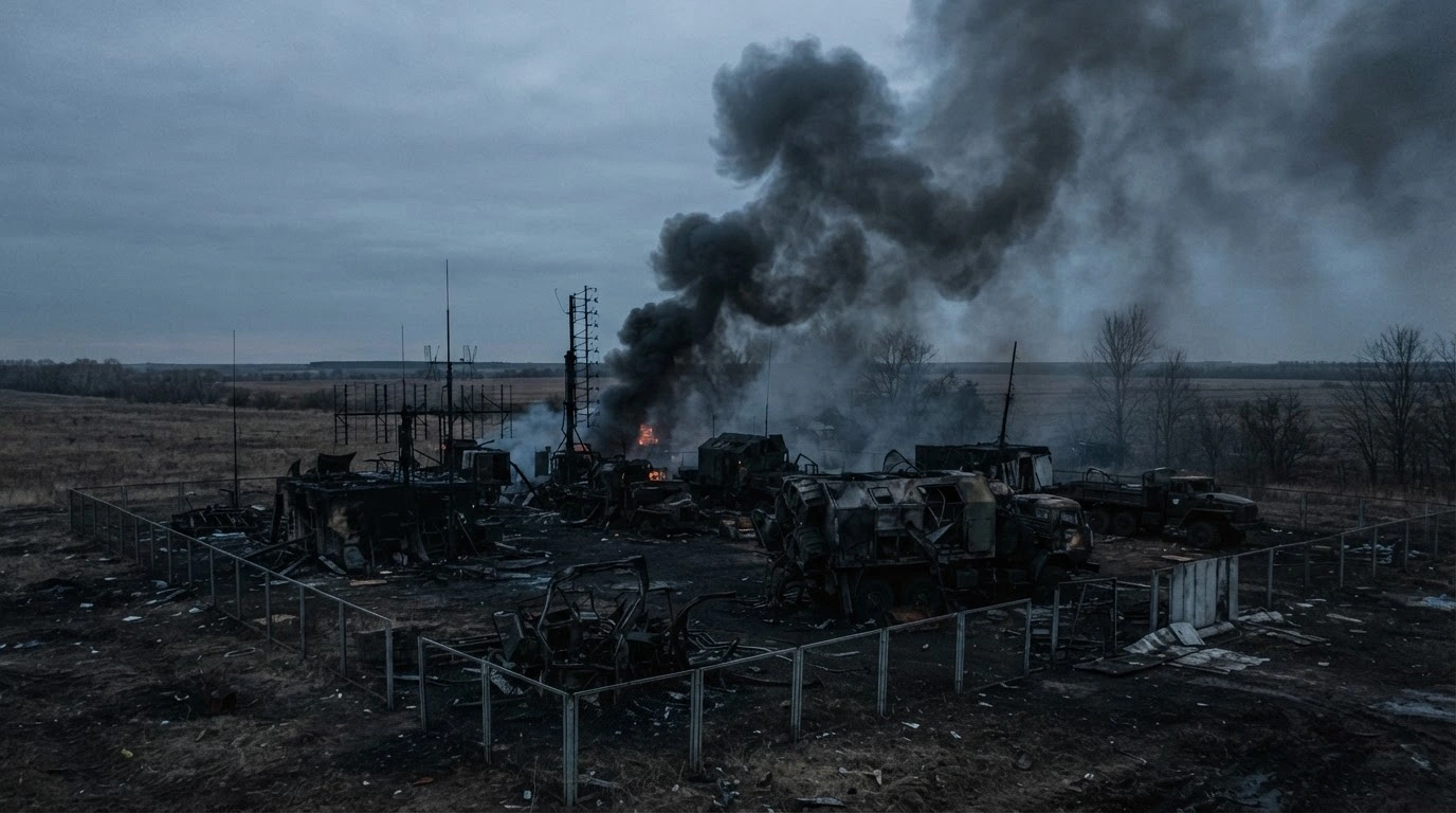 A destroyed Russian electronic warfare station smolders near the town of Klimovo in Bryansk Oblast following a strike by Ukrainian military forces.