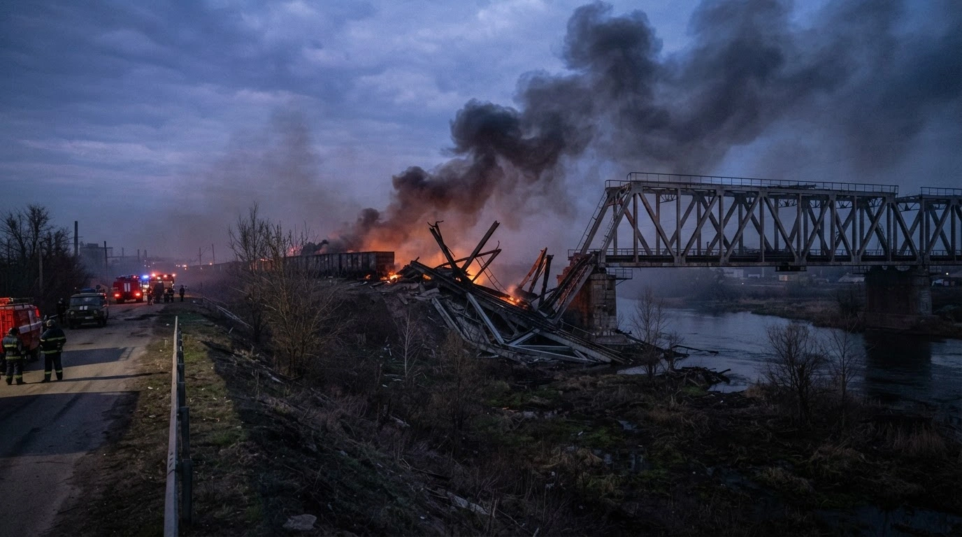 A damaged railway bridge in the Bryansk region smolders after a targeted strike by Ukrainian military forces to disrupt Russian logistics.