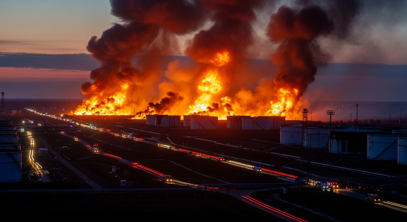 A large oil depot in Mikhailovsk, Russia, is burning after an aerial strike, with thick smoke rising into the sky as emergency services respond to the scene.