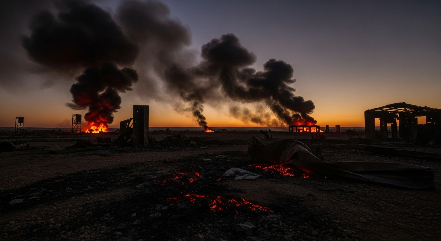 A smoldering military training ground in the Belgorod region shows the aftermath of a targeted strike by Ukrainian defense forces.