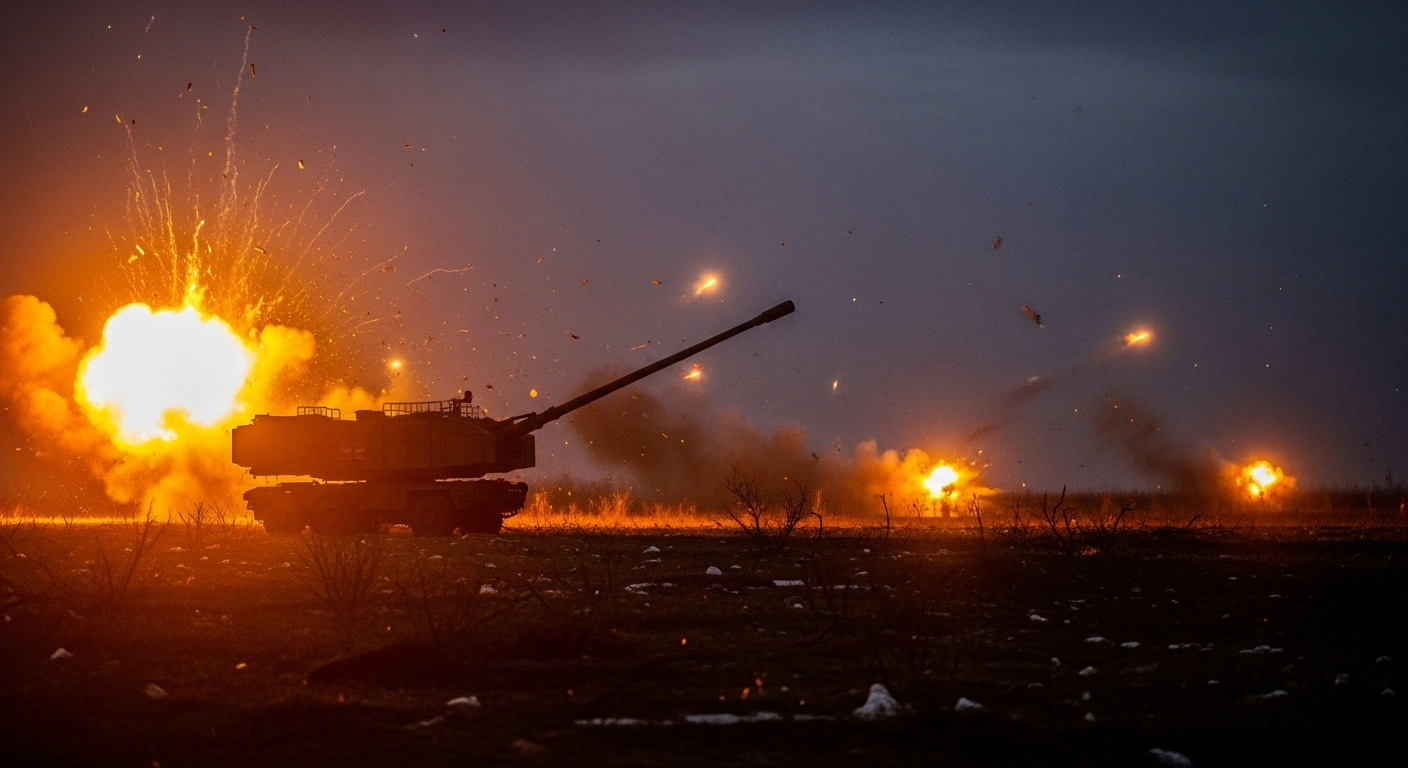 An intense, low-angle night shot shows a Russian S-300 air defense system exploding in a fiery blast, with distant flashes indicating further Ukrainian strikes on ammunition depots and troop positions in occupied Donetsk and Zaporizhzhia Oblasts.