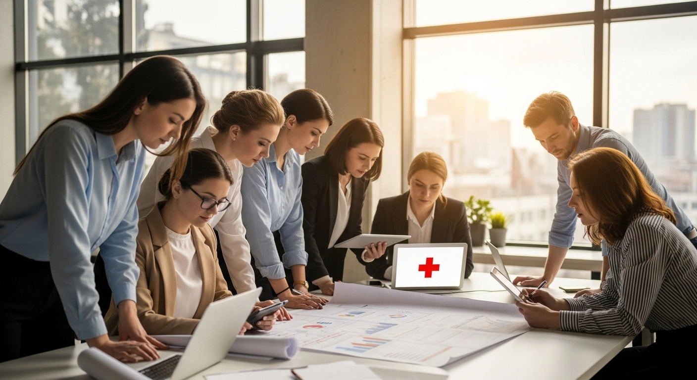 A diverse group of Ukrainian women entrepreneurs collaborates intently in a sunlit, modern co-working space, reviewing blueprints and digital tablets, symbolizing their innovative business development for Ukraine's economic recovery with support from the Red Cross.