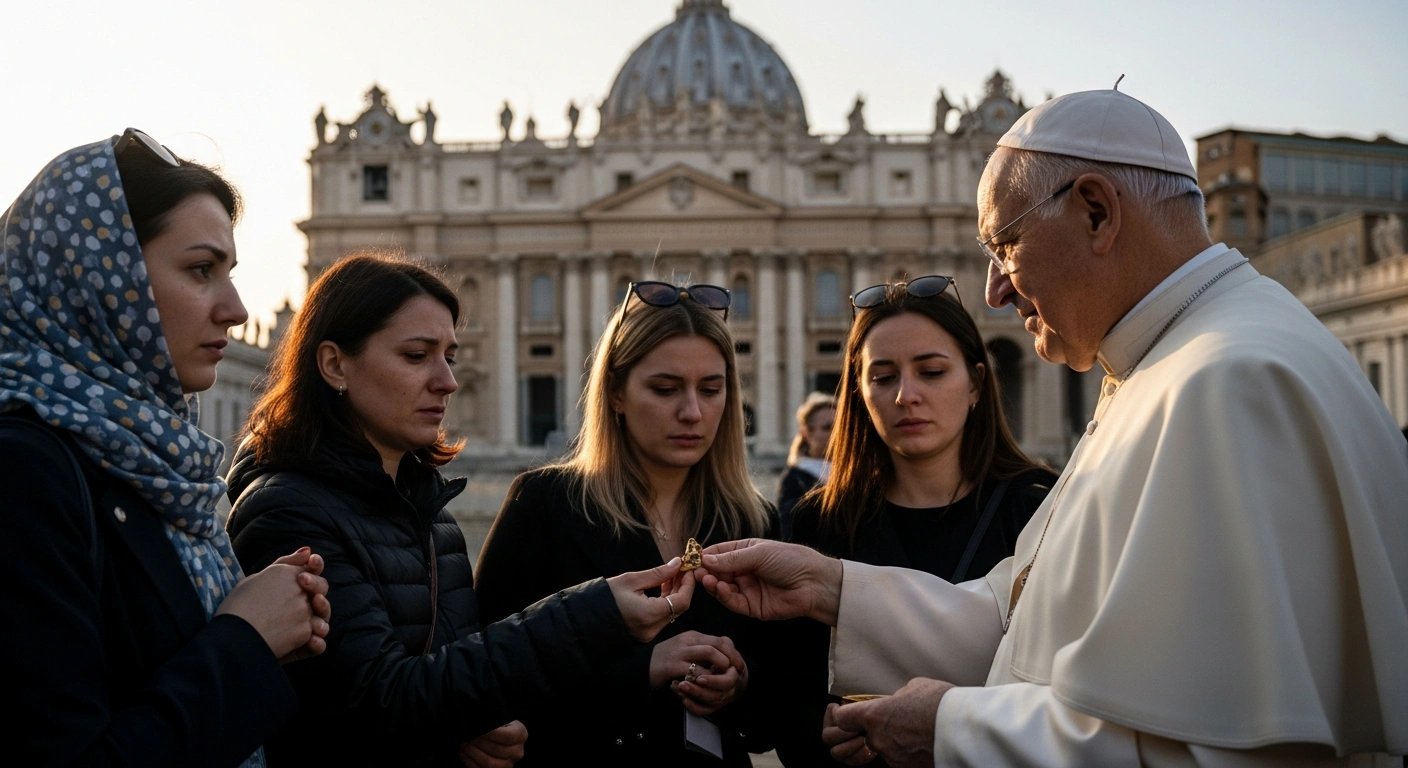 A delegation of Ukrainian women presents symbolic gifts to Pope Leo XIV in St. Peter's Square, seeking his intervention for Ukrainian prisoners of war held in Russia.