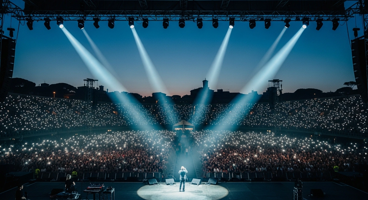 The Italian singer-songwriter Ultimo performs on a large stage at a crowded concert venue in Rome as thousands of fans hold up their lights.