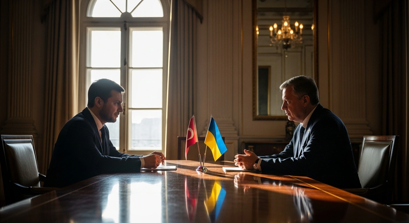 Rustem Umerov, Secretary of Ukraine's National Security and Defense Council, is depicted in a grand Istanbul room, engaged in serious negotiations with a Turkish mediator at a polished table, aiming to restart stalled prisoner exchange talks with Russia.
