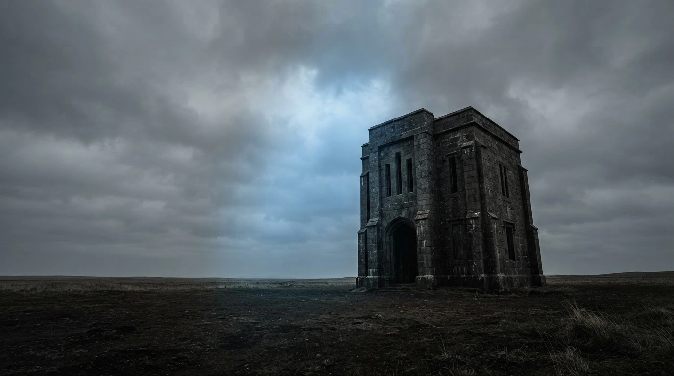 A somber, cinematic scene depicts a desolate stone structure under a stormy sky, representing the United Nations' call for Iran to end its use of the death penalty.