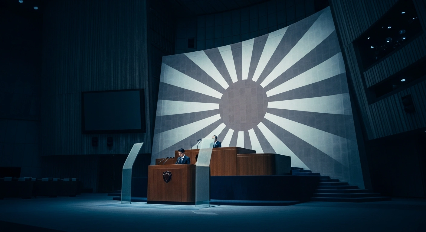 A dramatic, low-angle shot shows a lone figure at a grand podium in a vast assembly hall, illuminated by cool blue light, with a semi-transparent, ghostly silhouette of a rising sun flag projected behind them, symbolizing Chinese envoy Sun Lei's warning at a UN meeting about Japan's potential return to militarism and increased defense spending, referencing World War II.