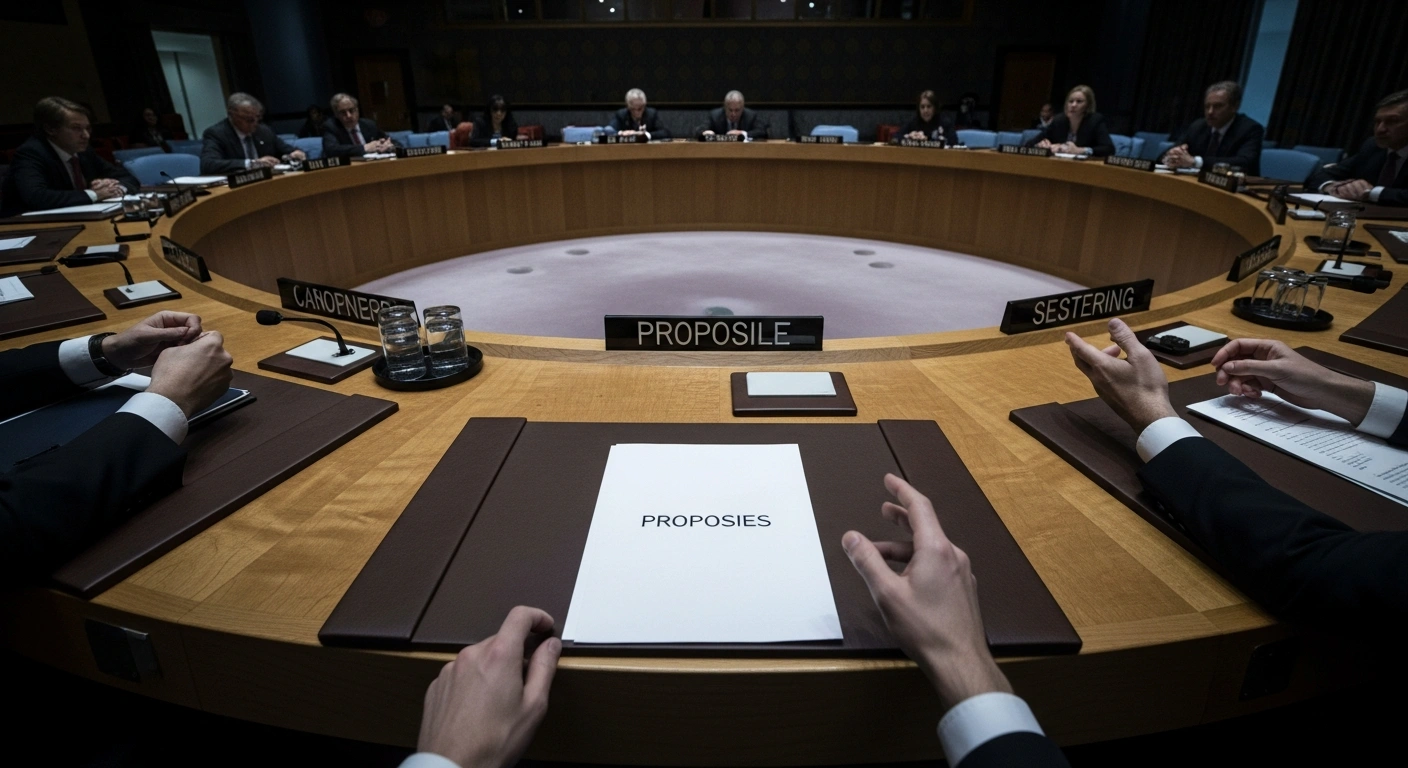 A wide, low-angle shot of a dimly lit UN Security Council chamber table, where a stark white proposal document is surrounded by the tense, gesturing hands of delegates, symbolizing international resistance to a United States proposal for a Gaza stabilization force.