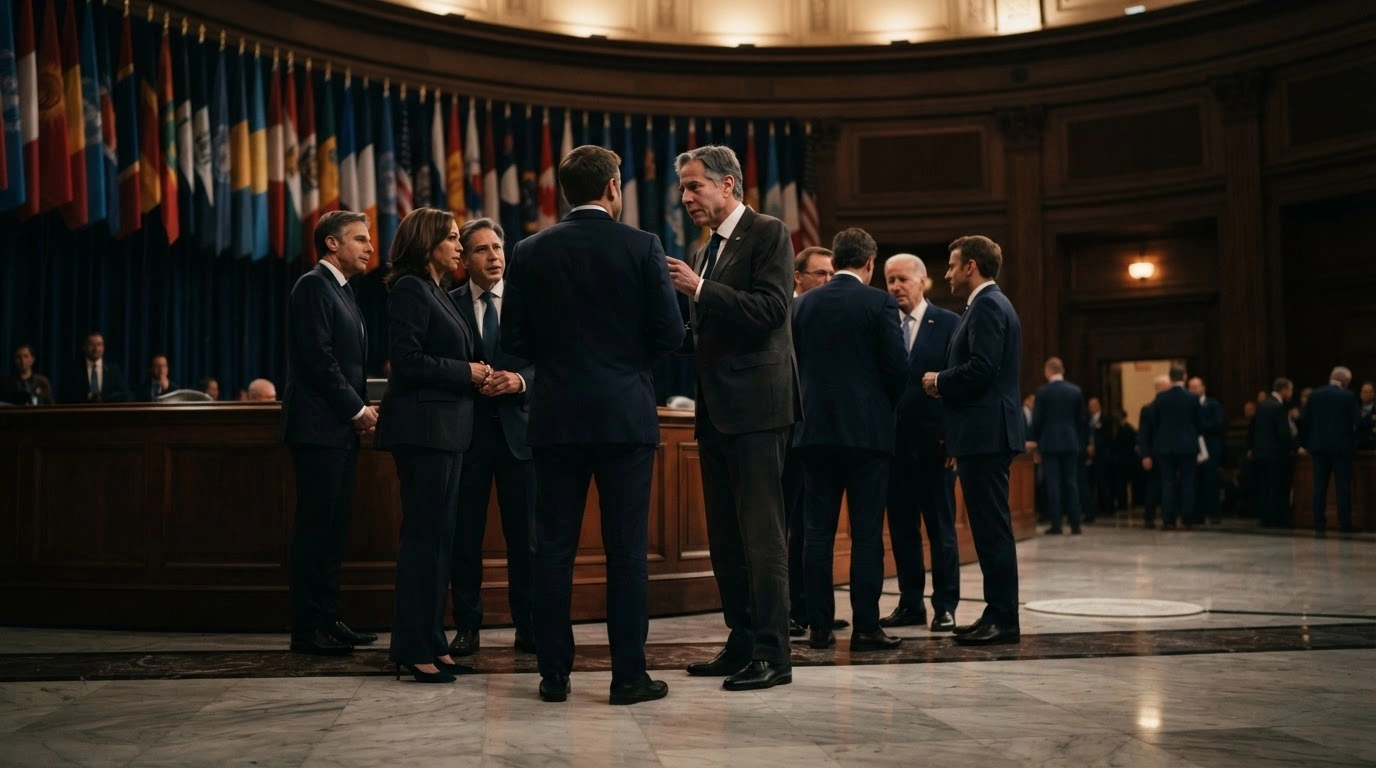 International leaders gather in a grand chamber to discuss diplomatic strategies and global alliances ahead of the United Nations General Assembly.