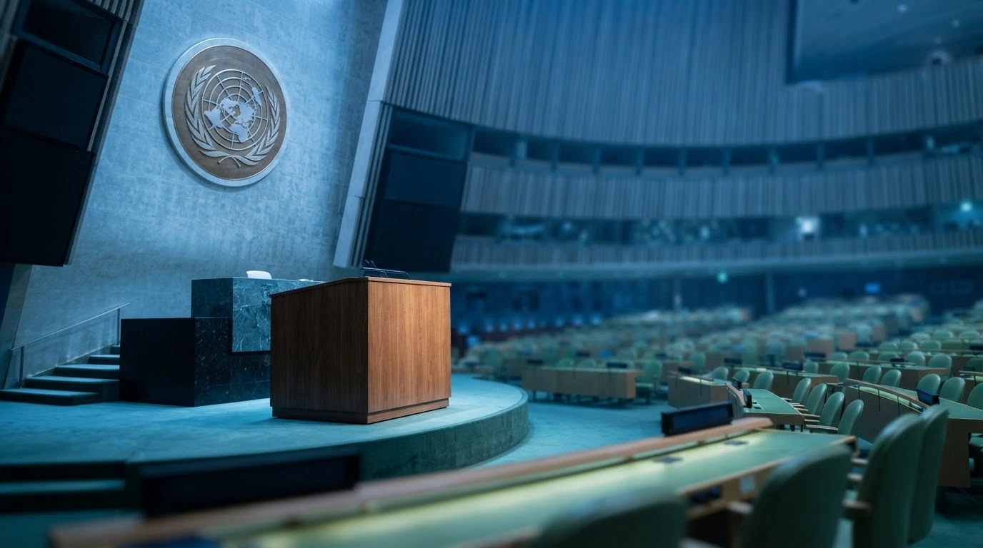 The empty podium at the United Nations General Assembly hall, clarifying that Lee Jae Myung is not the President of South Korea and is not attending the event.