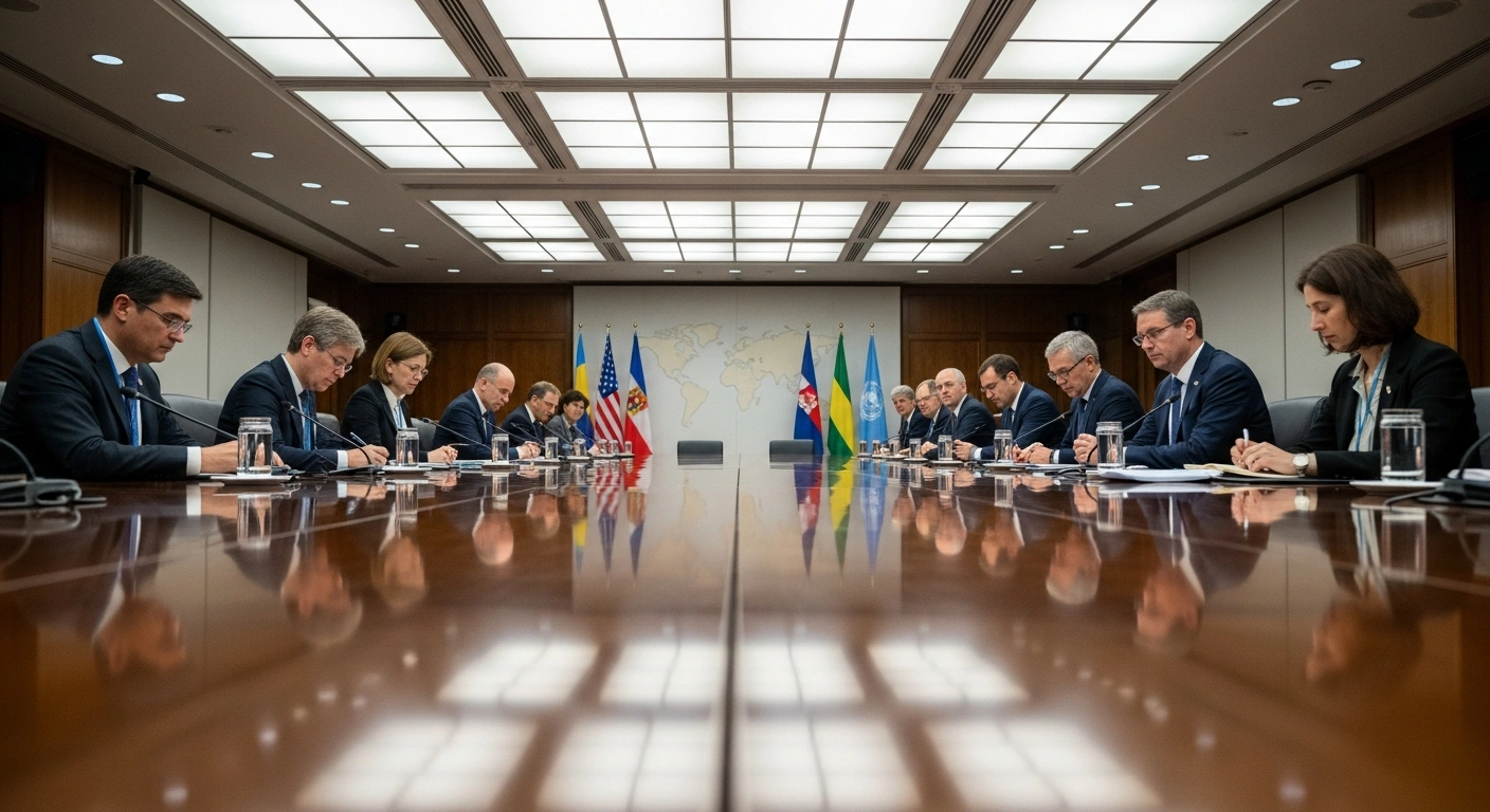 A diverse group of 18 independent experts are seated around a long, polished conference table in a modern room, deliberating under cool lighting with a world map in the background, representing the UN Human Rights Committee's review of nations such as Andorra, Canada, Slovakia, Chad, and Moldova.